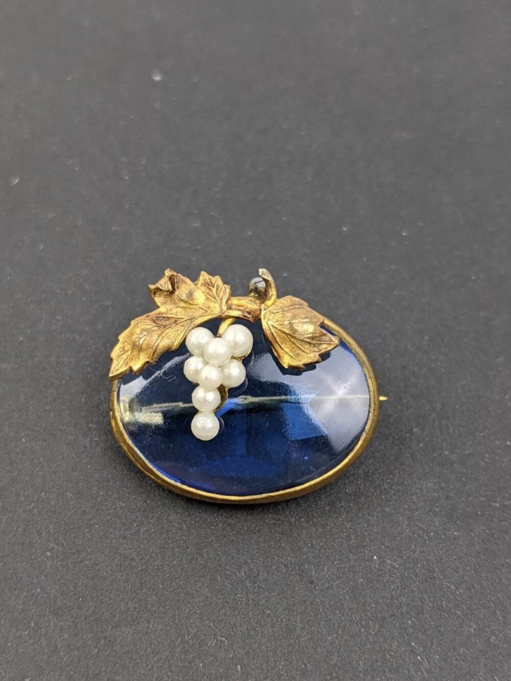 Antique Victorian 10K Gold Cobalt Glass & Seed Pearl Grape Brooch 1890s